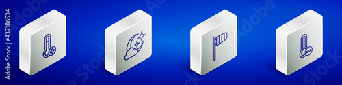 Set Isometric line Meteorology thermometer, Cloud with moon, Cone windsock wind vane and icon. Vector