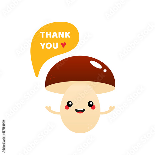 Cute smiling cartoon style mushroom character with speech bubble saying thank you, showing appreciation, gratitude.
