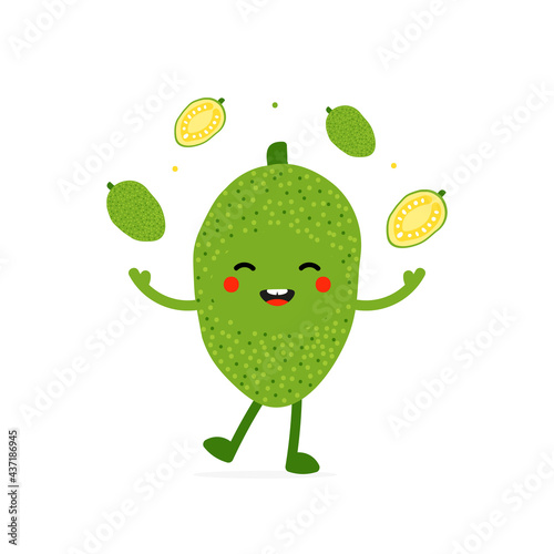 Cute smiling cartoon style green jackfruit character juggling, throwing up in air little jackfruits.