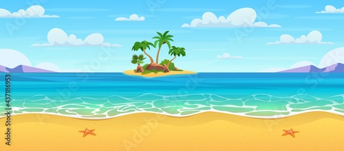 Tropical island in ocean with palm trees and rock.