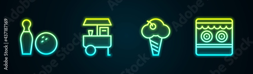 Set line Bowling pin and ball, Fast street food cart, Ice cream waffle cone and Shooting gallery. Glowing neon icon. Vector