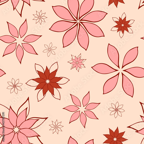 Abstract fantasy flowers seamless pattern background. Stylized geometric floral motifs endless texture. Simplified editable repeating surface design. Flat boundless ornament for fabric or package