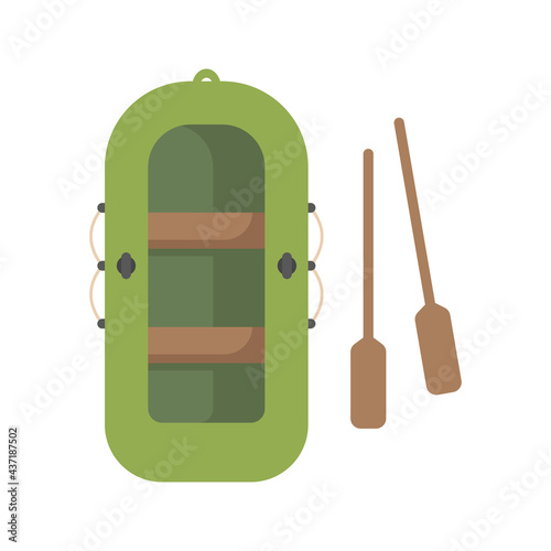 Green rubber inflatable boat with paddles top view. Fishing, camping, tourist equipment. Flat vector illustration isolated on white background