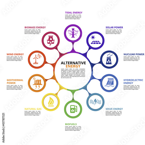 Infographic Alternative Energy template. Icons in different colors. Include Tidal Energy, Biomass Energy, Wind Energy, Geothermal Power and others.
