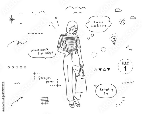 線画の女性と落書きイラストのセット　シンプル　手描き　雑誌風　おしゃれ　飾り　装飾　吹き出し