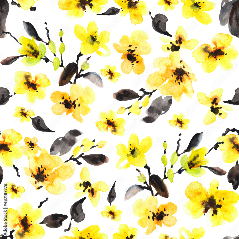 Seamless yellow flowers pattern on white background. Design for ...