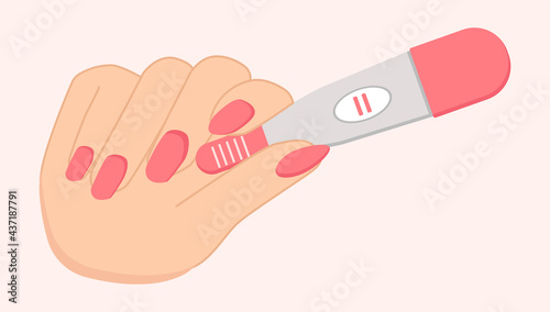 Woman hand with a manicure holds a pregnancy test with a positive result. Two stripes. Child planning, maternity and health care concept. Flat vector illustration.