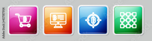 Set line Shopping cart with bitcoin, Mining from monitor, Bitcoin the target and Blockchain technology. Colorful square button. Vector