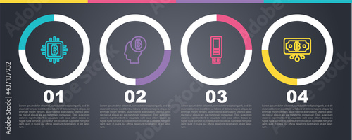 Set line CPU mining farm, Bitcoin think, USB flash drive and with circuit. Business infographic template. Vector