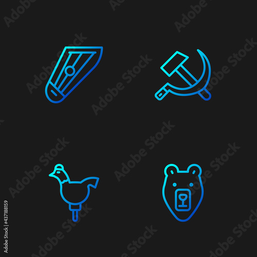 Set line Bear head, Cockerel lollipop, Kankles and Hammer and sickle USSR. Gradient color icons. Vector