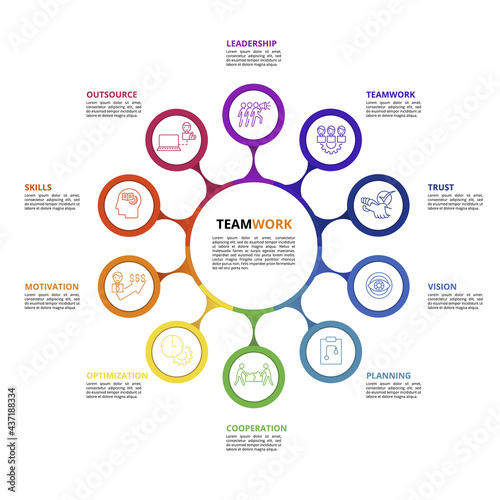 Infographic Teamwork template. Icons in different colors. Include Teamwork, Trust, Vision, Planning and others.