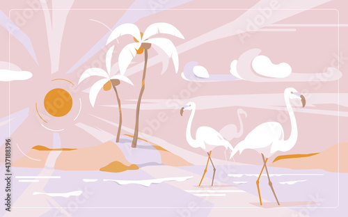 Holiday your dreams. Stylish vector illustration on vacation. Pink islands with flamingos amid clouds.