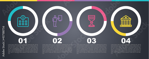 Set line Information, Museum guide, Medieval goblet and building. Business infographic template. Vector