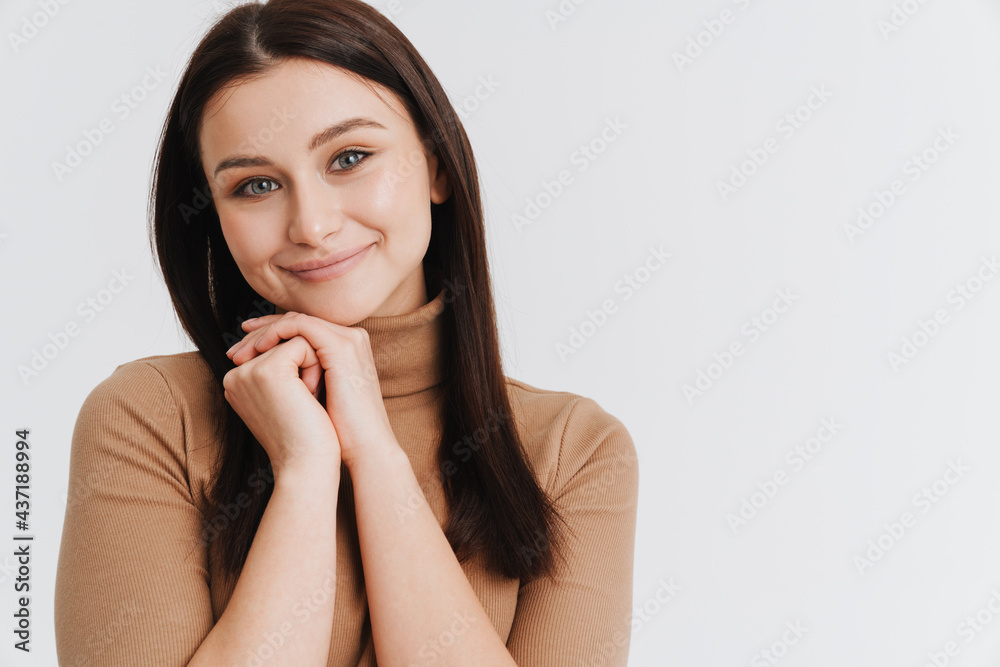 Happy young brunette white woman in casual clothes Happy young brunette white woman in casual clothes
