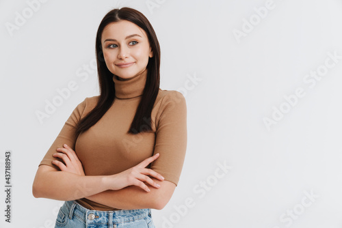Happy young brunette white woman in casual clothes