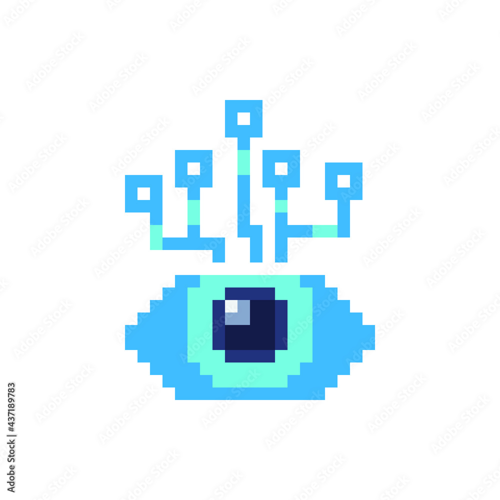 Artificial Intelligence eye in a chip. Cyber mind pixel art icon. Design for logo, stickers, web, mobile app. Isolated vector illustration.