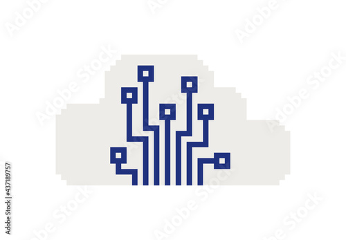 Artificial Intelligence abstract logo, pixel art icon, web computing concept. AI factory manufacturing autonomous management technology. Design for app. Isolated vector illustration.