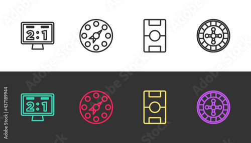 Set line Sport mechanical scoreboard, Twister game, Hockey table and Casino roulette wheel on black and white. Vector