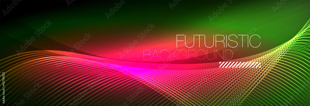 Abstract neon glowing light in the dark with waves. Shiny magic energy and motion concept, vector abstract wallpaper background Abstract neon glowing light in the dark with waves. Shiny magic energy and motion concept, vector abstract wallpaper background