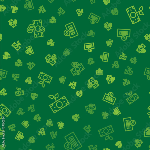 Set line Stacks paper money cash, Money plant in the pot and Inserting coin on seamless pattern. Vector