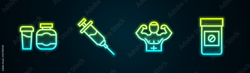 Set line Sports nutrition, Doping syringe, Bodybuilder muscle and Anabolic drugs. Glowing neon icon. Vector Set line Sports nutrition, Doping syringe, Bodybuilder muscle and Anabolic drugs. Glowing neon icon. Vector