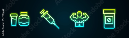 Set line Sports nutrition, Doping syringe, Bodybuilder muscle and Anabolic drugs. Glowing neon icon. Vector