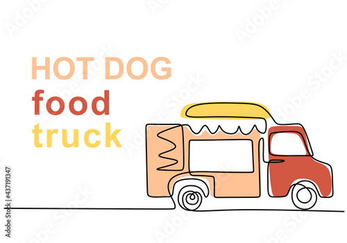 Single continuous line of hotdog food truck. Hotdog food truck in one line style isolated on white background.
