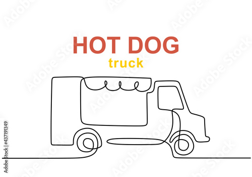 Single continuous line of hotdog food truck. Hotdog food truck in one line style isolated on white background.