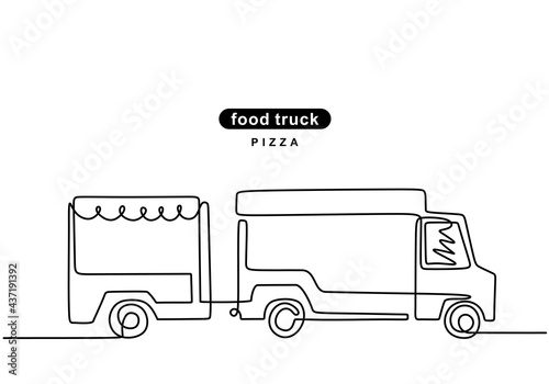 Single continuous line of pizza food truck. Pizza truck in one line style isolated on white background.