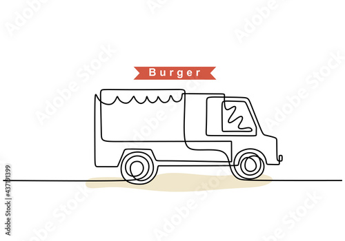 Single continuous line of burger food truck. Burger truck in one line style isolated on white background.