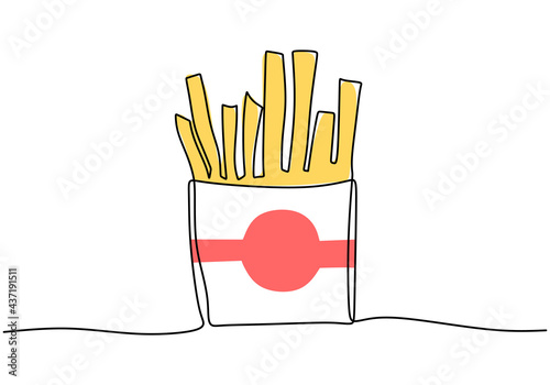Single continuous line of french fries. Big French fries fast food in one line style isolated on white background.