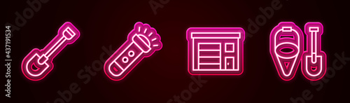 Set line Fire shovel, Flashlight, Building of fire station and and bucket. Glowing neon icon. Vector