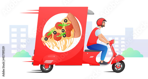 Red retro fast delivery car, truck with slice of pizza and courier, city on white background. Vector illustration for design, flyer, poster, banner, web, advertising.