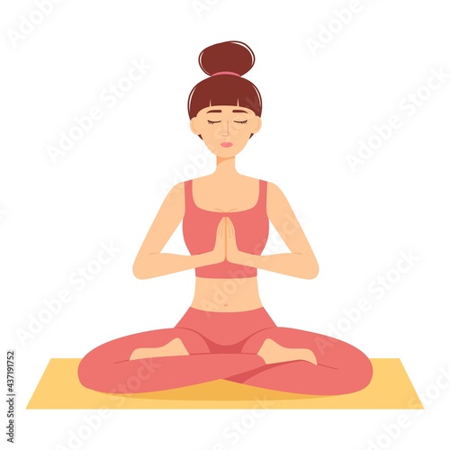 Meditating woman. Girl in lotus position practicing yoga, vector illustration