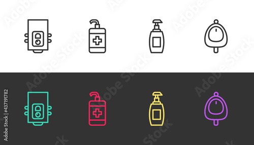 Set line Gas boiler, Hand sanitizer bottle, Bottle of liquid soap and Toilet urinal or pissoir on black and white. Vector