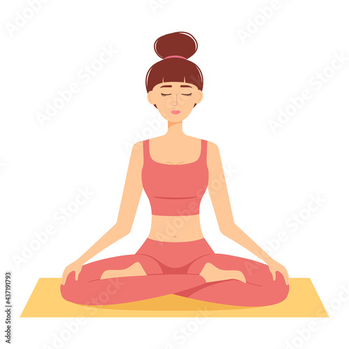 Meditating woman. Girl in lotus position practicing yoga, vector illustration
