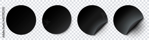 Mockup realistic paper round stickers black colors with curved corner and shadow. Black round sticker on a transparent background. Vector illustration EPS10	