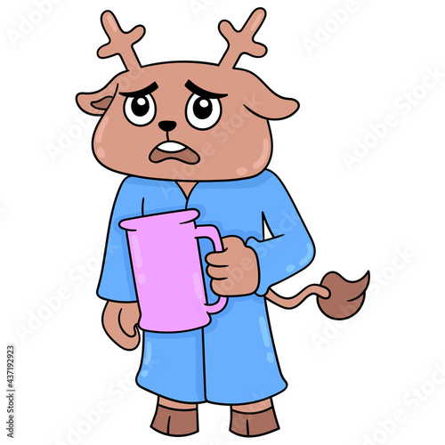 The deer is thirsty carrying an empty glass asking for water, doodle icon image kawaii