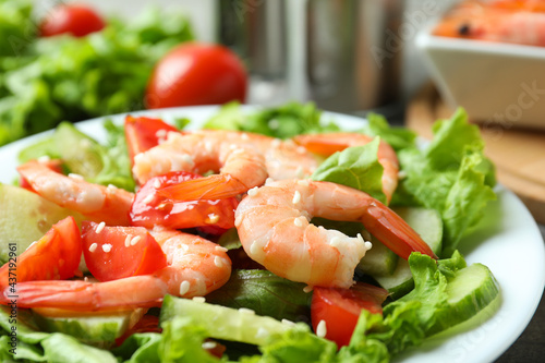 Shrimp salad with different ingredients, close up