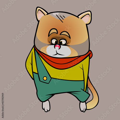 sad cartoon ginger cat in overalls and scarf