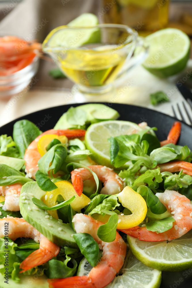Concept of tasty eating with shrimp salad, close up