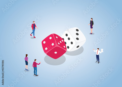 dice game with people man and woman with two dice with modern flat isometric style
