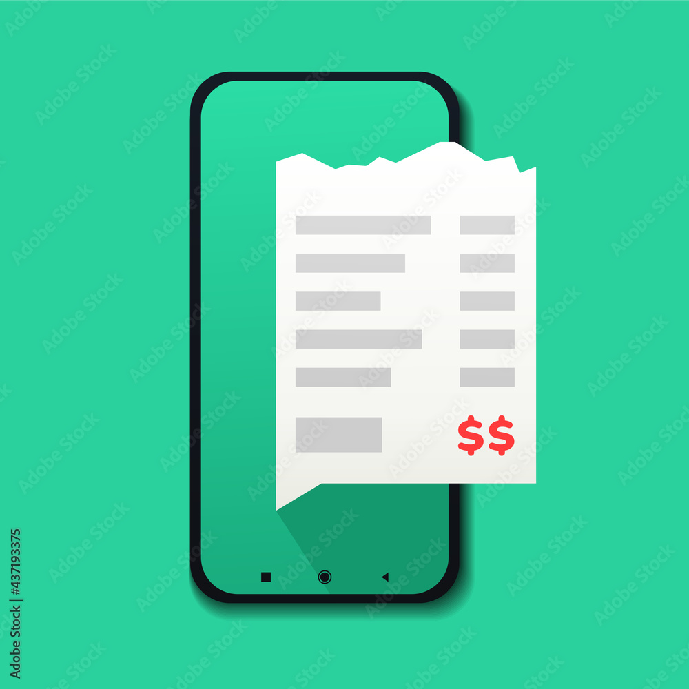 Mobile phone with billing on screen. Receipt bill on smartphone. Paper invoice, shopping cash bill slip, buying tax transaction service. Illustration vector Mobile phone with billing on screen. Receipt bill on smartphone. Paper invoice, shopping cash bill slip, buying tax transaction service. Illustration vector