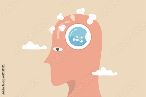 Brain wash by medias or advertising information, make someone to believe, manipulate thought, control how people think concept, human head with washing machine in action to clean his brain.