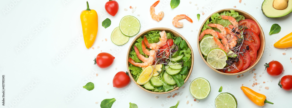 Concept of tasty eating with shrimp salads on white background Concept of tasty eating with shrimp salads on white background