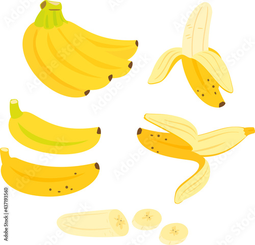 バナナの房や剥いたバナナのイラストセット