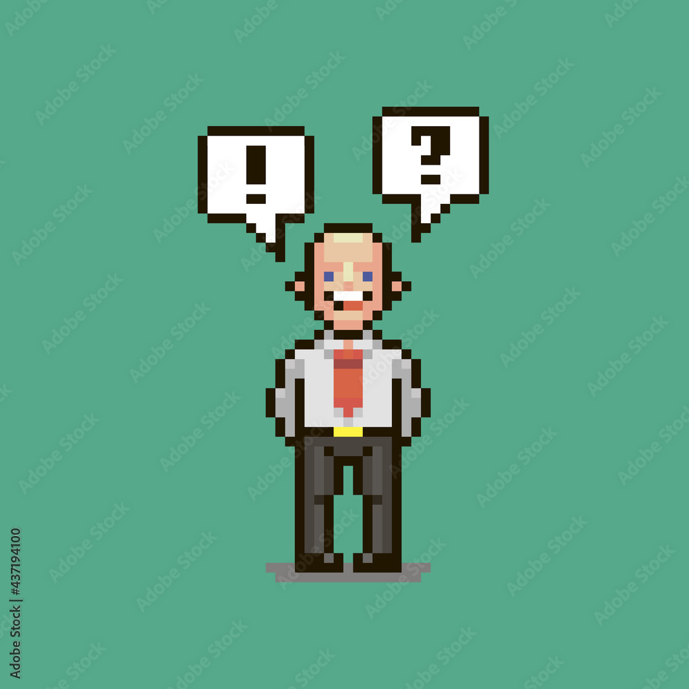 colorful simple flat pixel art illustration of cartoon smiling guy in a white shirt with a red tie near the guy two speech bubbles with an exclamation mark and a question mark inside colorful simple flat pixel art illustration of cartoon smiling guy in a white shirt with a red tie near the guy two speech bubbles with an exclamation mark and a question mark inside