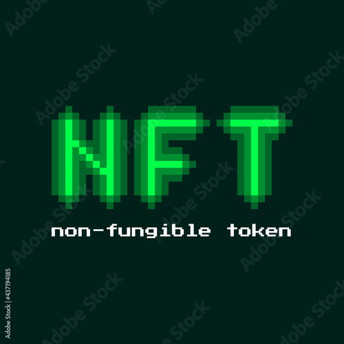 colorful simple pixel art vector illustration of headline signboard green neon glowing text NFT non-fungible tokens