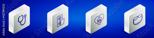 Set Isometric line Stethoscope, Pills in blister pack, Grandmother and Eyeglasses icon. Vector