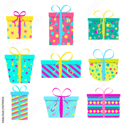 set of multi-colored gift boxes, yellow, pink, green and blue isolated on white background. vector illustration for decorating posters, cards or banners